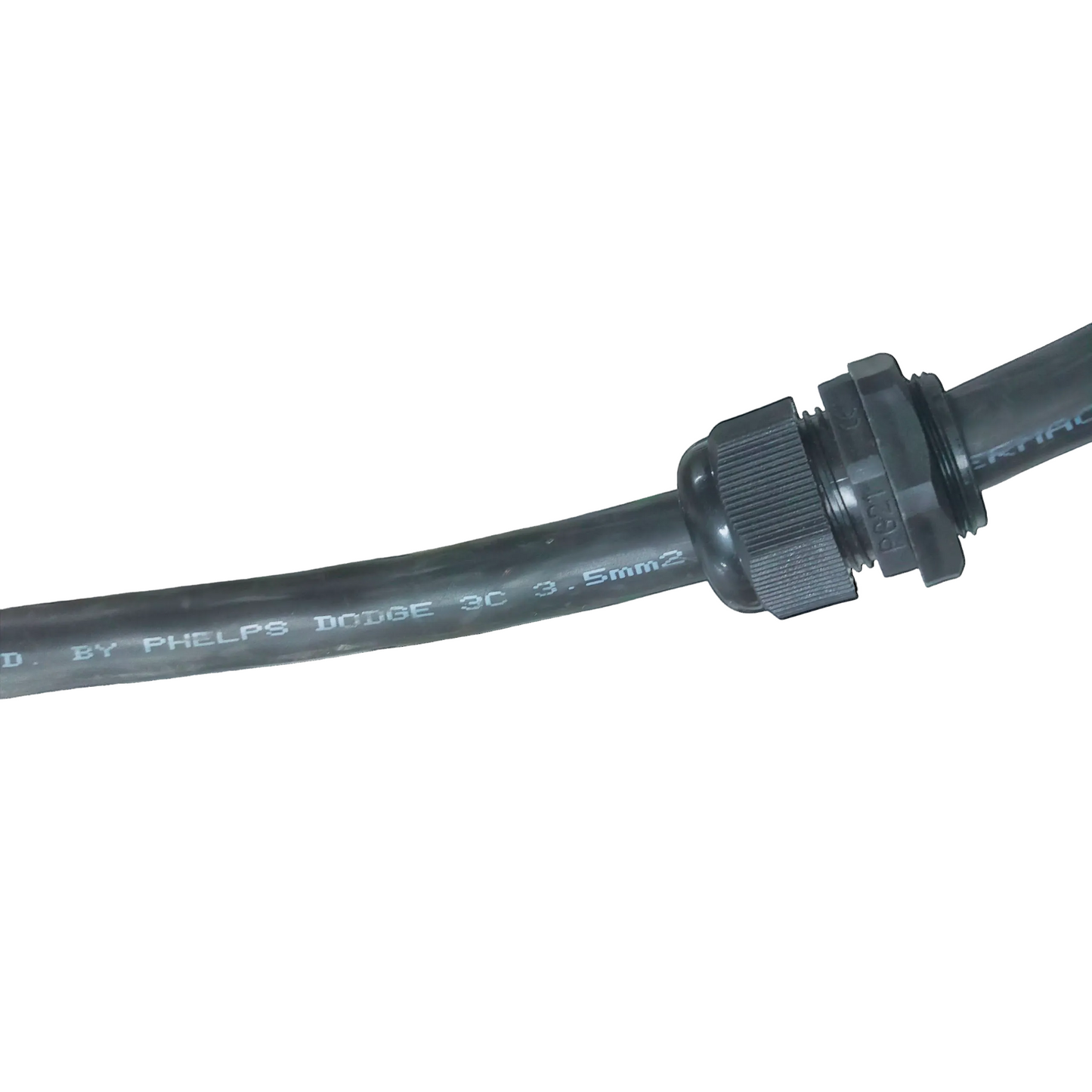 Black cable with a connector on a white background