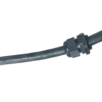 Black cable with a connector on a white background