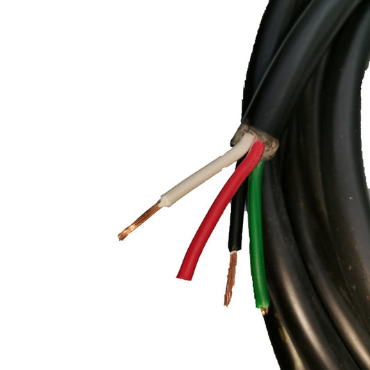 Close-up of a coiled black cable with red, white, and green wires exposed on a white background.