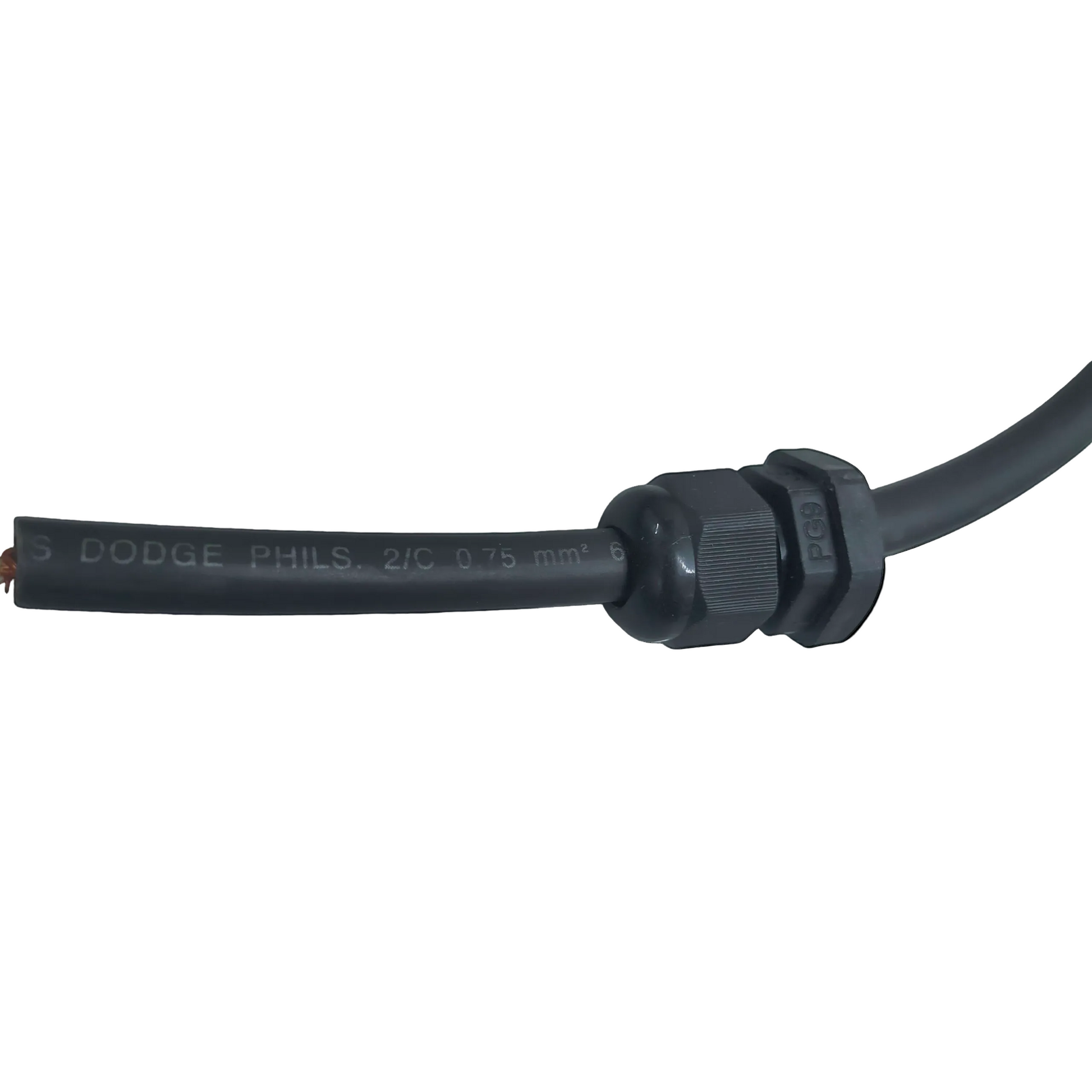 Black cable with a connector on a white background