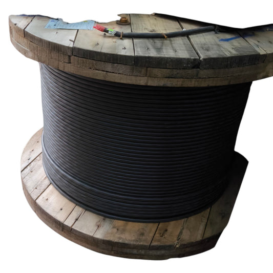 Large spool of black cable on a wooden reel with a white background
