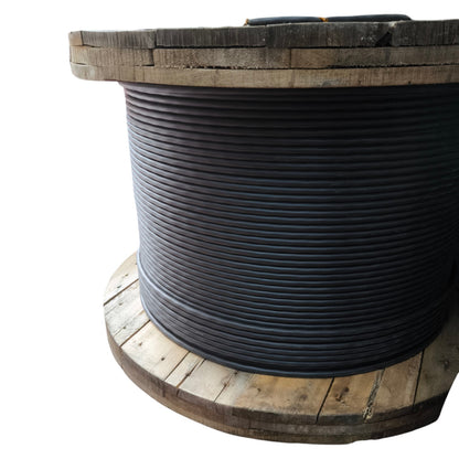 Large spool of black cable on a wooden reel with a white background