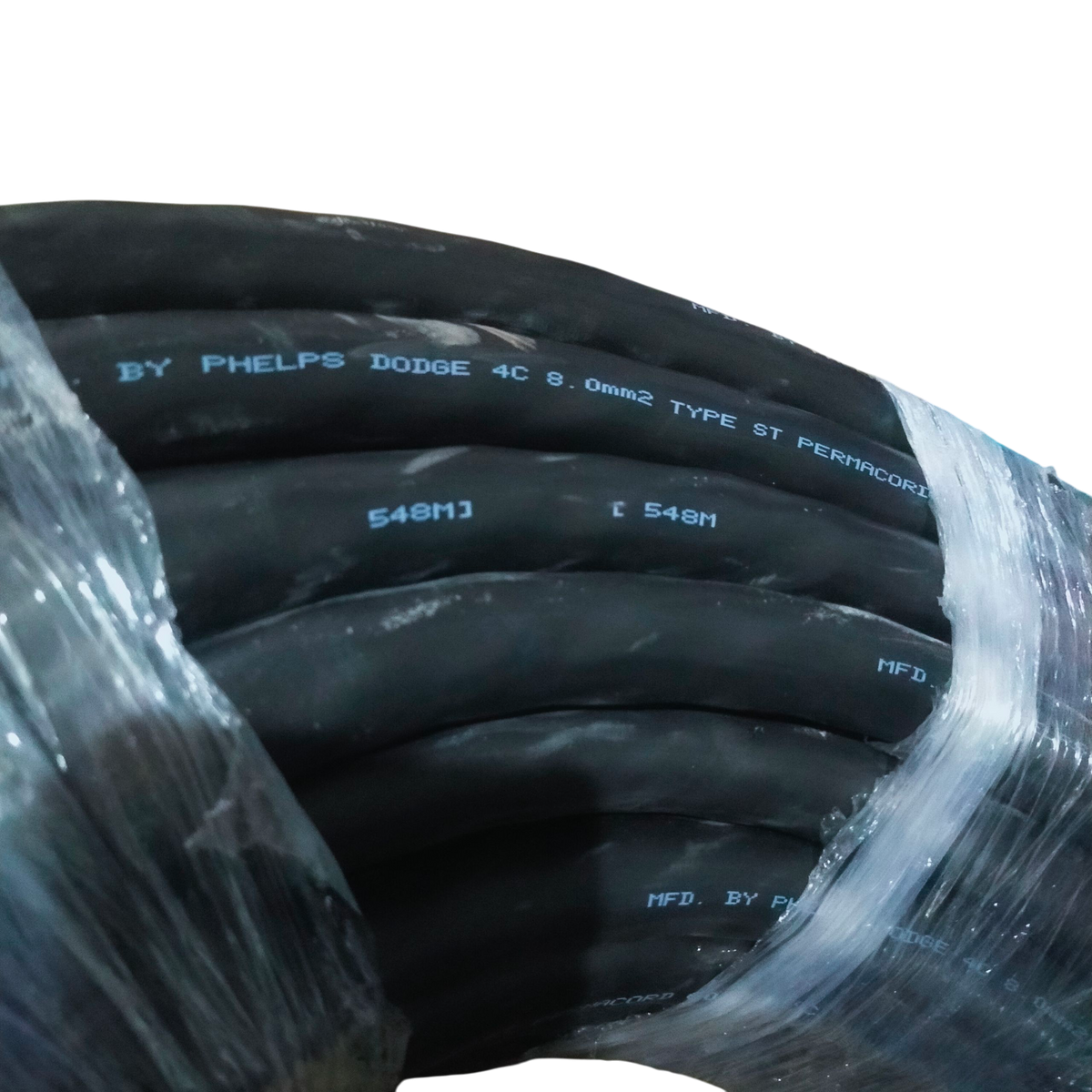 Coiled Phelps Dodge Royal Cord 8.0mm 4C electrical wire wrapped in plastic for industrial use