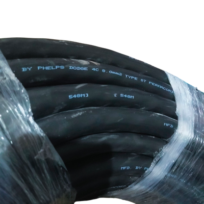 Coiled Phelps Dodge Royal Cord 8.0mm 4C electrical wire wrapped in plastic for industrial use
