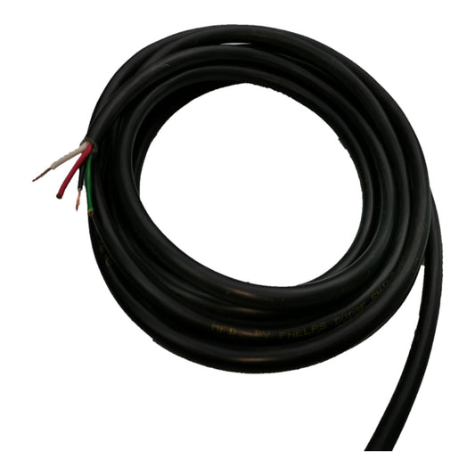 A coiled black industrial cable with two exposed wire strands showing red, white, green, and brown colors, photographed on a solid white background.