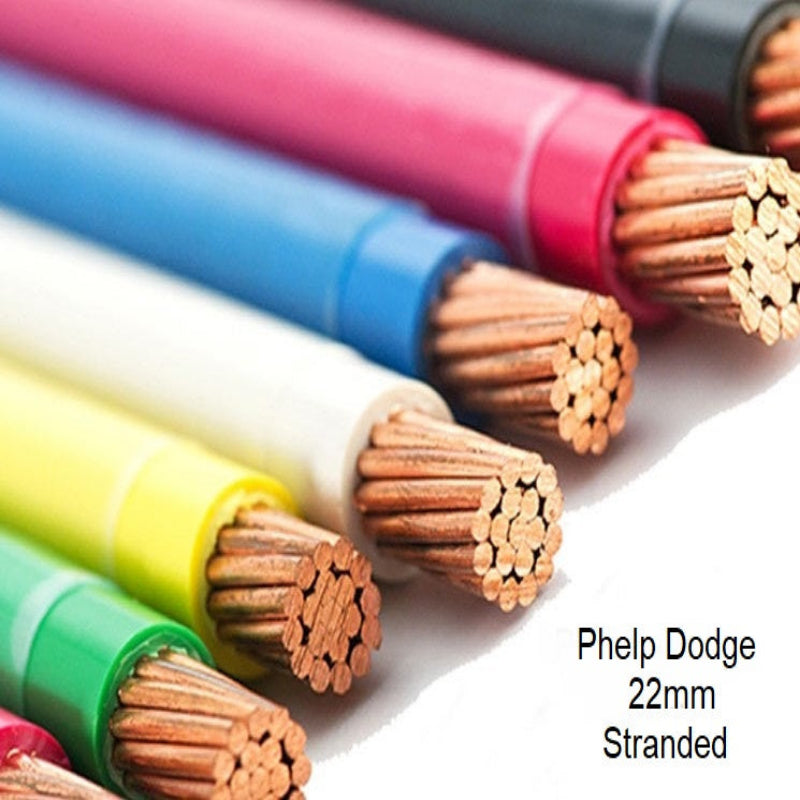Colorful cables with copper strands labeled 'Phelp Dodge 22mm Stranded' on a white background