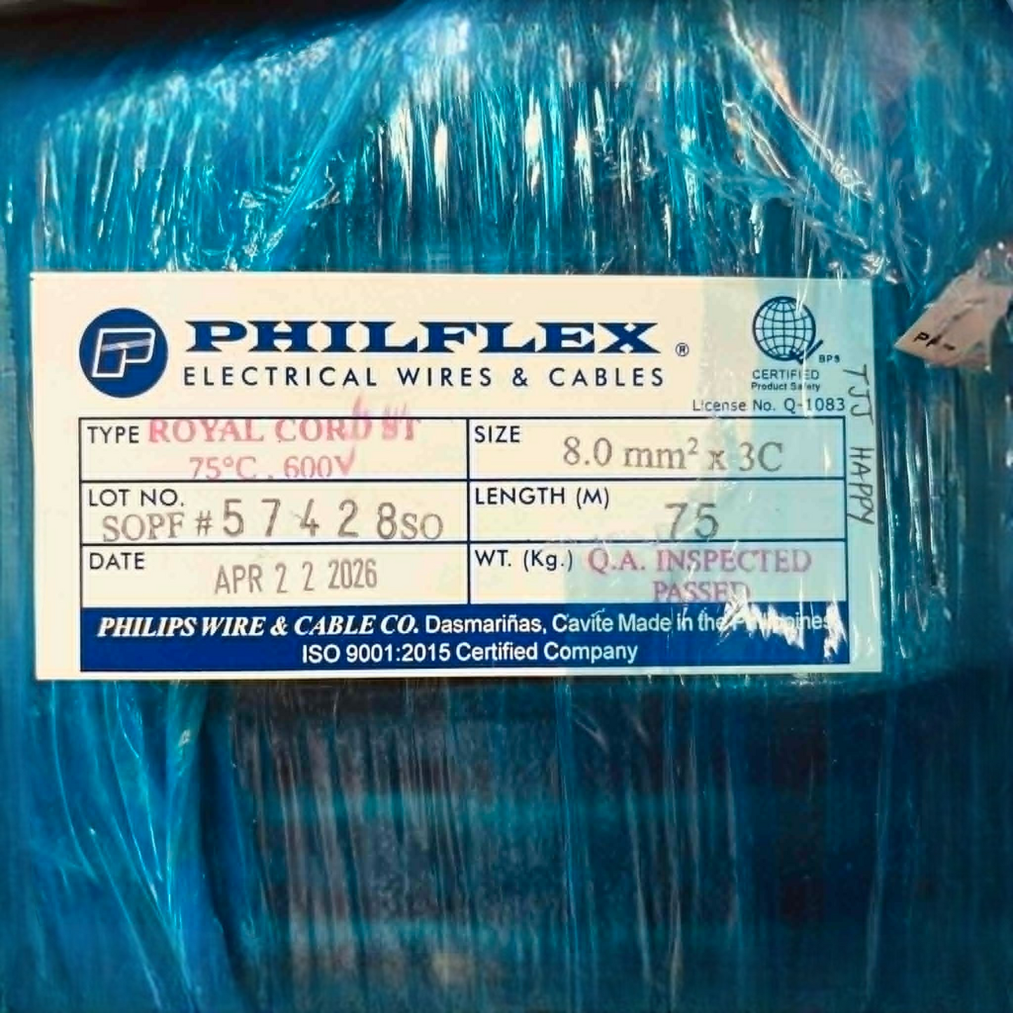 Philflex Royal Cord 8.0mm2/3C Core 600V AWG 8/3C Power Cable Perma Cord(75mtrs/Roll)