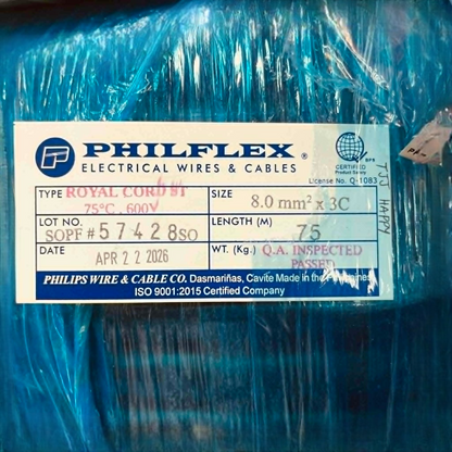 Philflex Royal Cord 8.0mm2/3C Core 600V AWG 8/3C Power Cable Perma Cord(75mtrs/Roll)