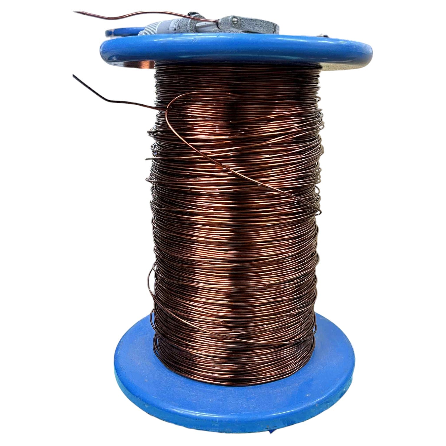 Spool of copper wire on a blue reel with a white background