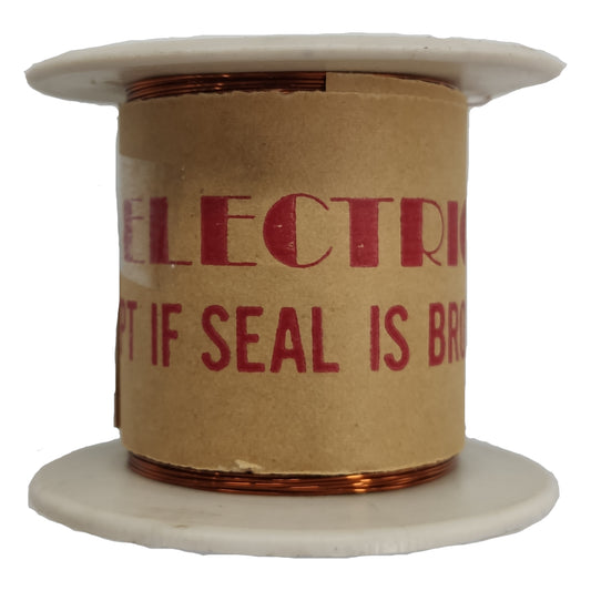 Spool of wire with a brown label on a white background Philflex 100 Grams Magnet Wire AWG 34 Enameled Copper Wire 0.16mm Heavy Formix 500 Meters Per Roll Electx Electrical Supply