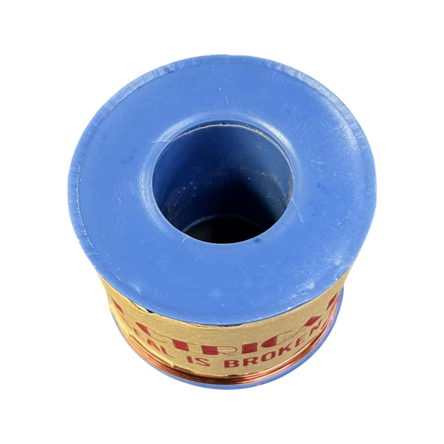 Blue spool of wire with a label on a white background