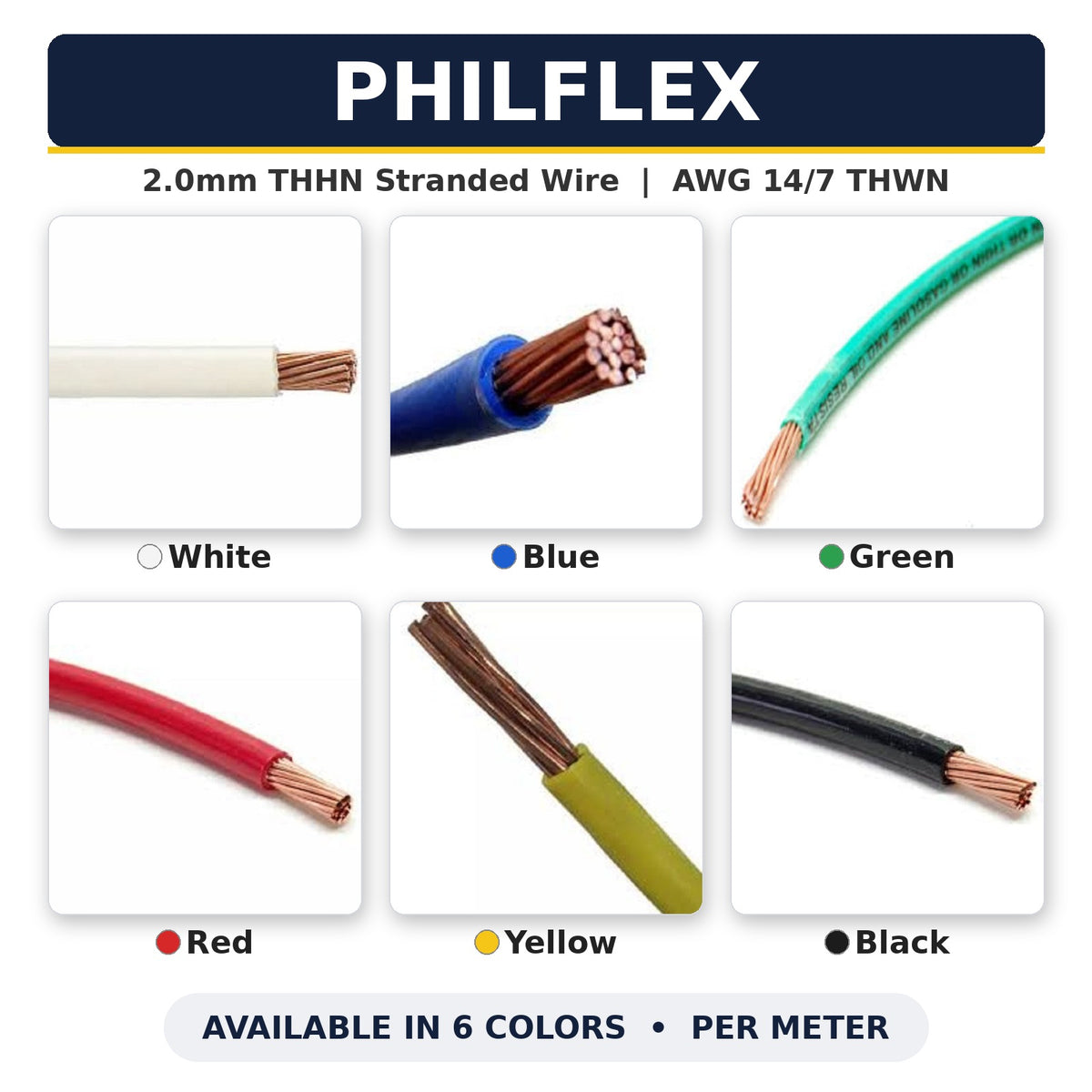 Philflex 2.0mm THHN AWG 14/7 THWN stranded wire per meter, real photos of Blue, Green, Yellow, White, Red and Black wire