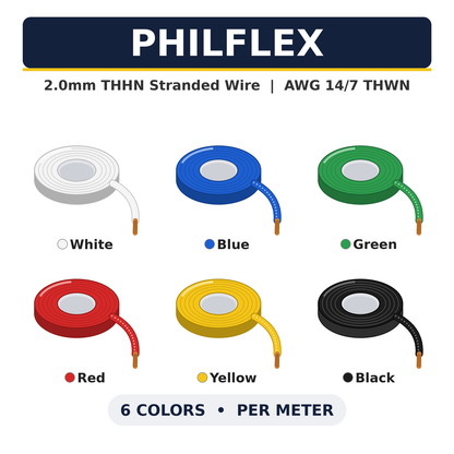 Philflex 2.0mm THHN AWG 14/7 THWN stranded wire per meter in White, Blue, Green, Red, Yellow and Black