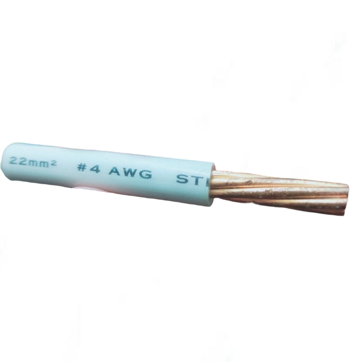 A single twisted copper wire cable with a light blue protective jacket and printed specifications '22mm² #4 AWG ST' on a plain white background.