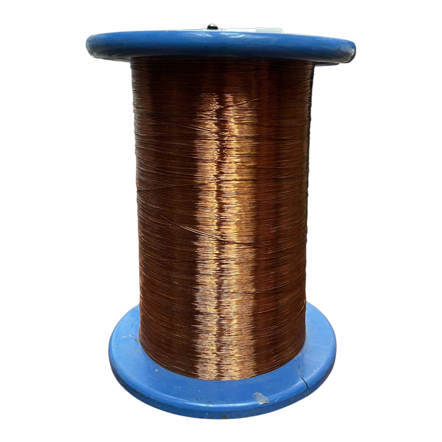 Spool of copper wire on a blue plastic reel against a white background