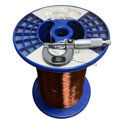 Spool of copper wire with a micrometer on a white background