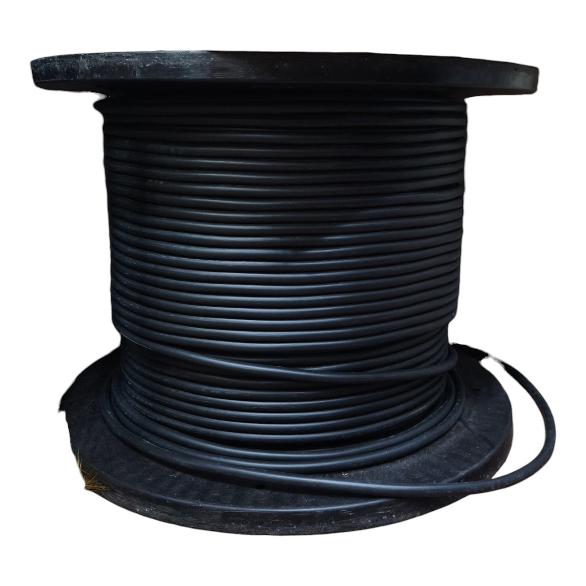 A large spool of thick black cable or wire, photographed against a plain white background.