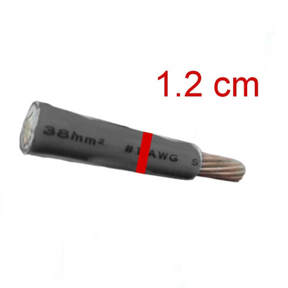 A single electrical wire cable with a gray protective jacket, showing the multi-strand copper wire core at one end, with a red band highlighting its 1.2 cm diameter and printed specifications '38mm2', '#1 AWG', and 'S'.