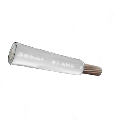 A single metallic electrical wire connector sleeve with a multi-strand copper wire tip, featuring printed specifications '38mm2 #1 AWG S' on a plain white background.