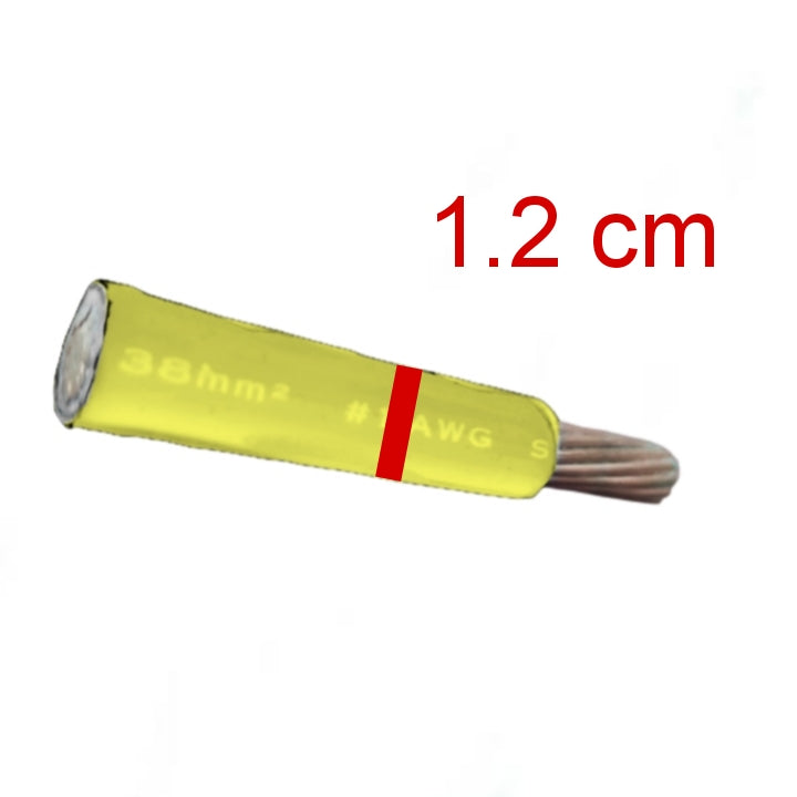 A single cable end shown on a plain white background with red text reading '1.2 cm' indicating its width.