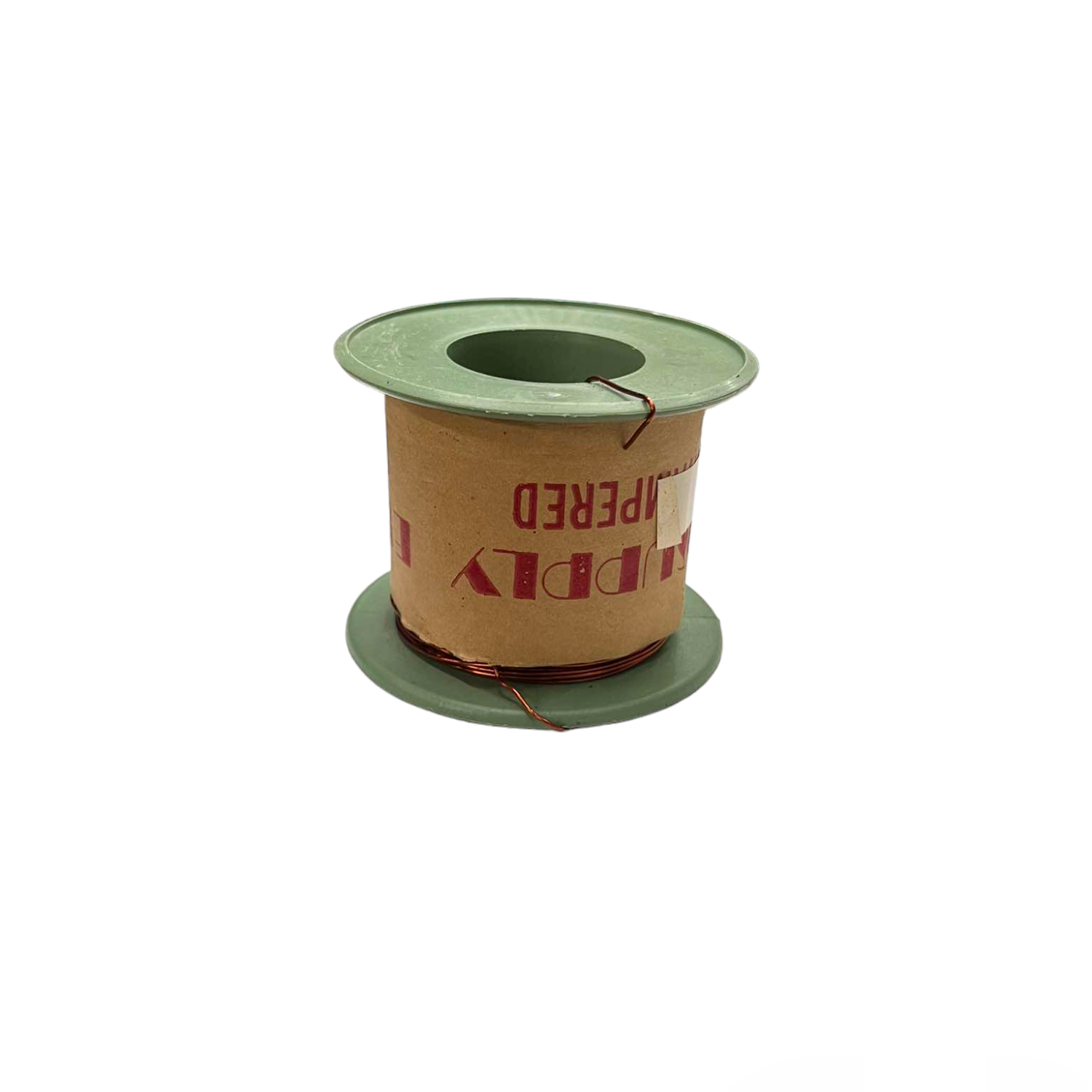 Spool of wire with a green lid on a white background