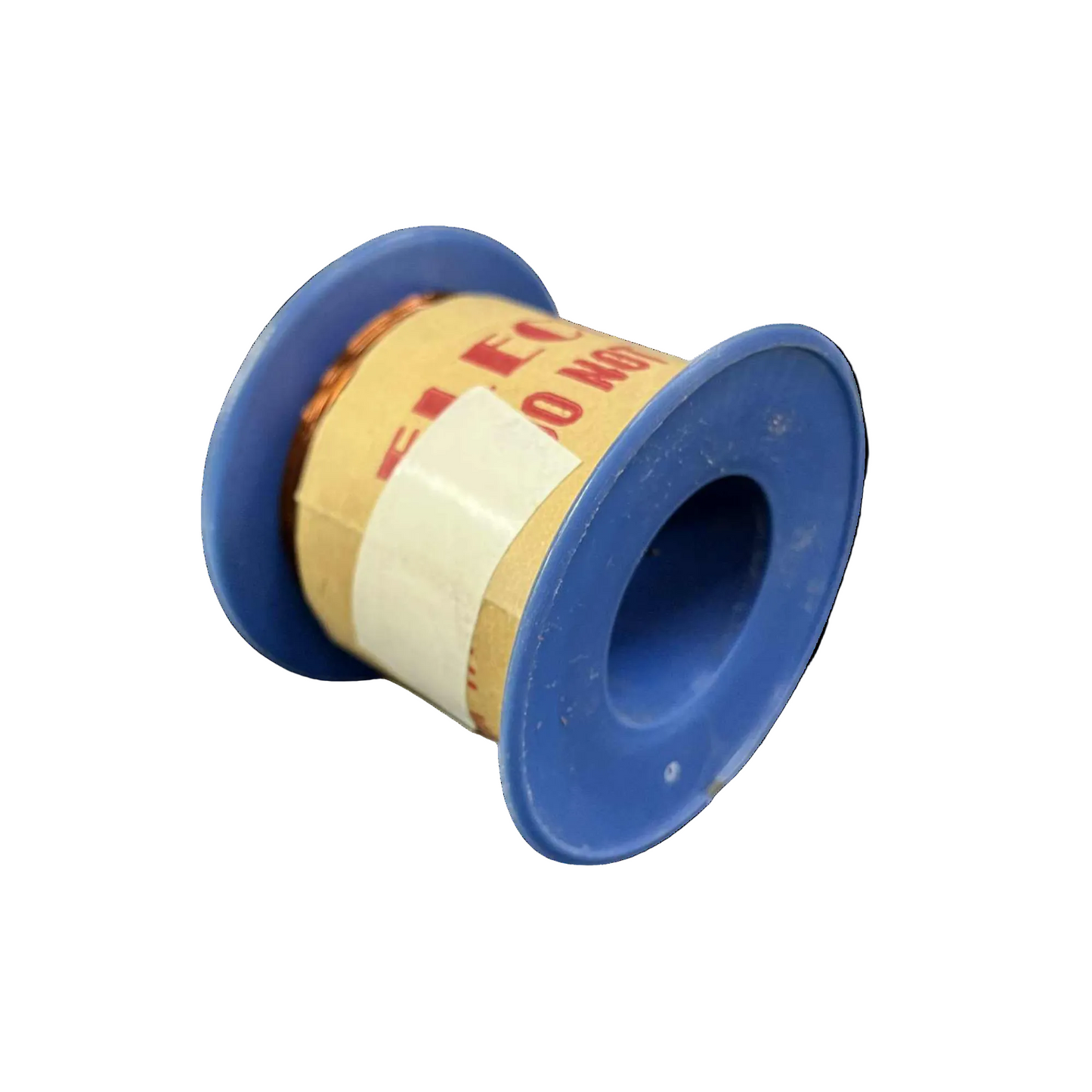 Spool of white tape with a blue plastic casing on a white background