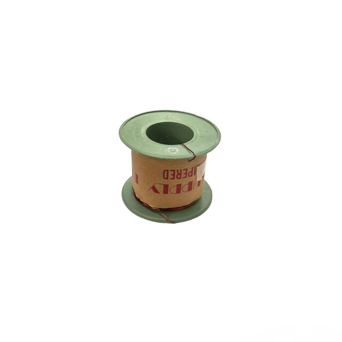 Spool of green wire with a cardboard label on a white background Philflex 400 Grams Magnet Wire AWG 39 Enameled Copper Wire 0.09mm Single Formix Approx 6349.21 Meters per Roll Electx Electrical Supply