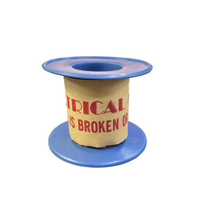 Cylindrical container with blue lid and base, featuring a cardboard tube with red text on a white background.