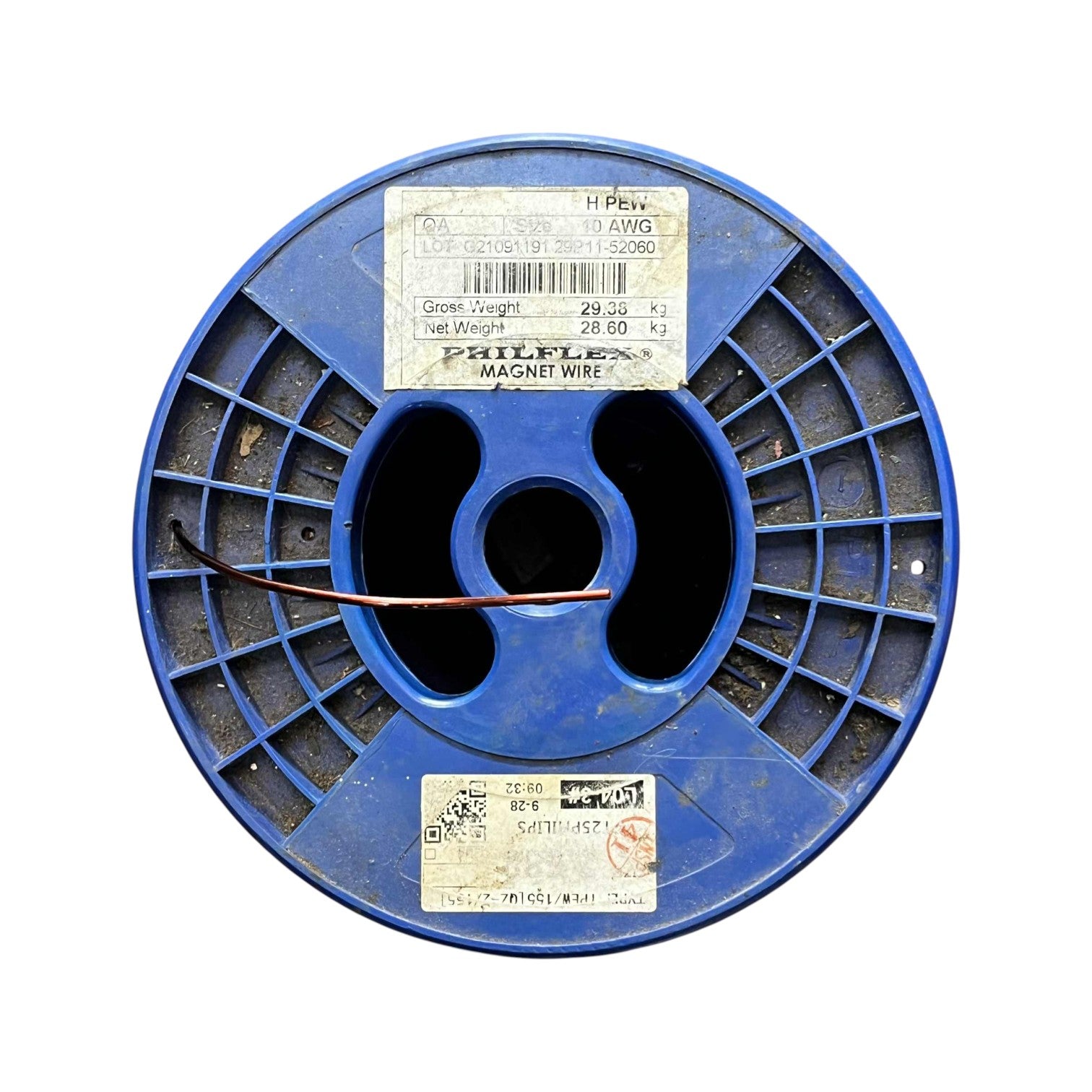 Spool of magnet wire with visible branding on a white background