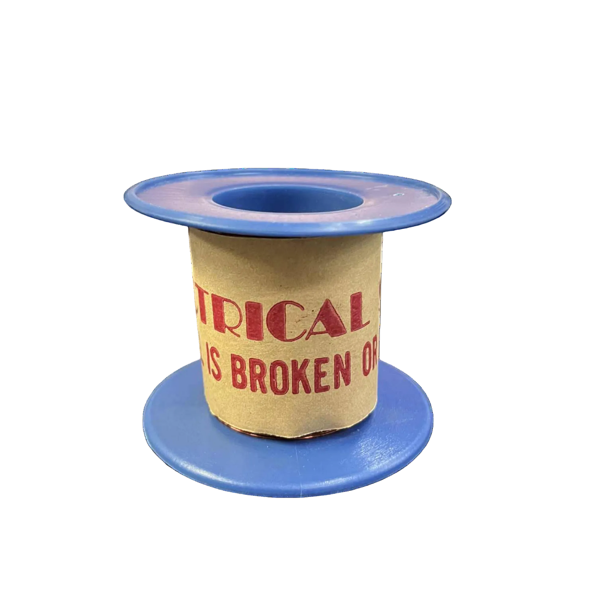 Spool of ribbon with text 'FATAL ERROR IS BROKEN ON' on a white background