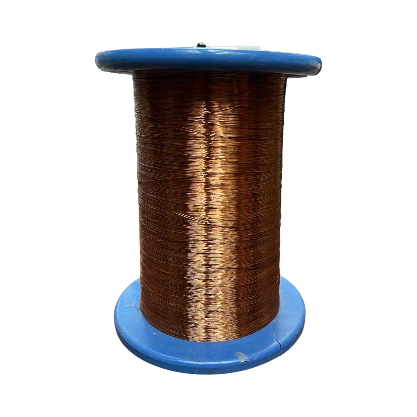 Spool of copper wire on a blue plastic reel against a white background