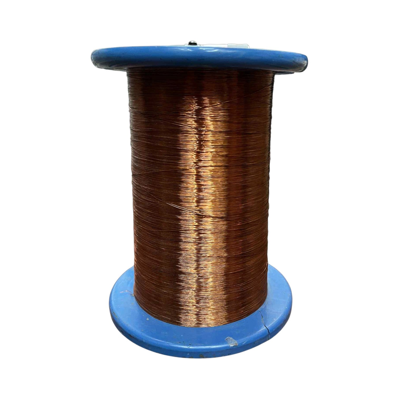 Spool of copper wire on a blue plastic reel against a white background