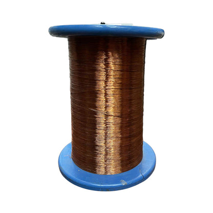 Spool of copper wire on a blue plastic reel against a white background