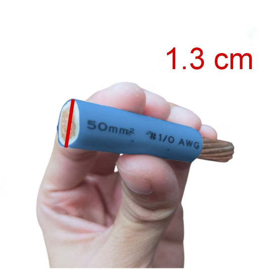 A hand holding a small blue cable or wire section with exposed copper strands at one end, shown against a white background with red text reading '1.3 cm' and white text reading '50mm² #1/O AWG'.
