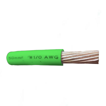 A single green electrical cable with exposed copper-colored twisted wires, labeled '50mm² • #1/0 AWG', on a plain white background.