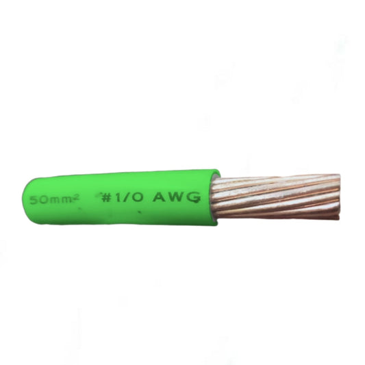 A single green electrical cable with exposed copper-colored twisted wires, labeled '50mm² • #1/0 AWG', on a plain white background.