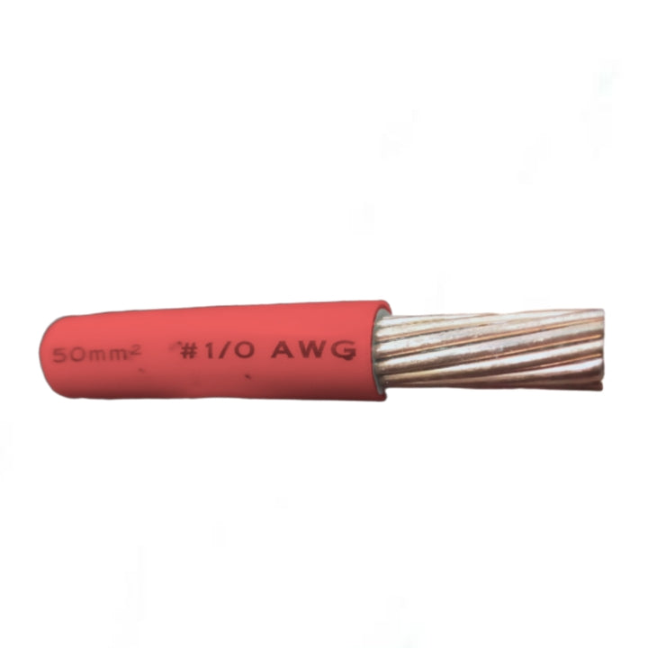 A single cable end shown horizontally on a plain white background, with a red outer jacket and exposed copper-toned wire strands. White printed text on the jacket reads '50mm² • #1/0 AWG'.