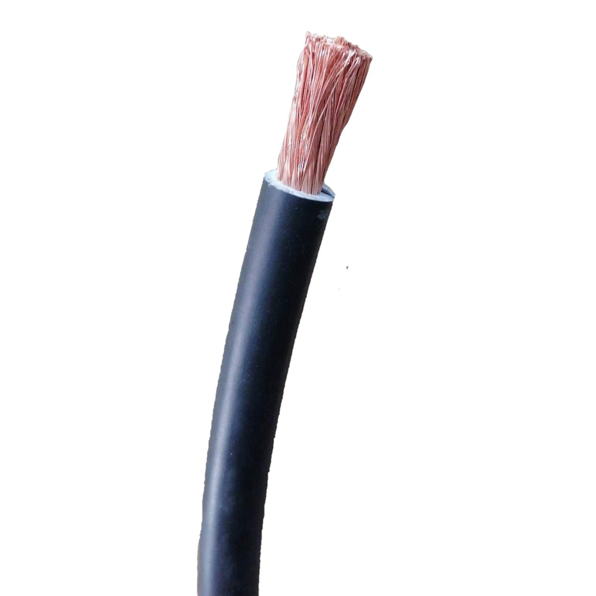 A close-up of a black electrical cable with its outer jacket removed to show the exposed copper wire strands inside, isolated on a white background.