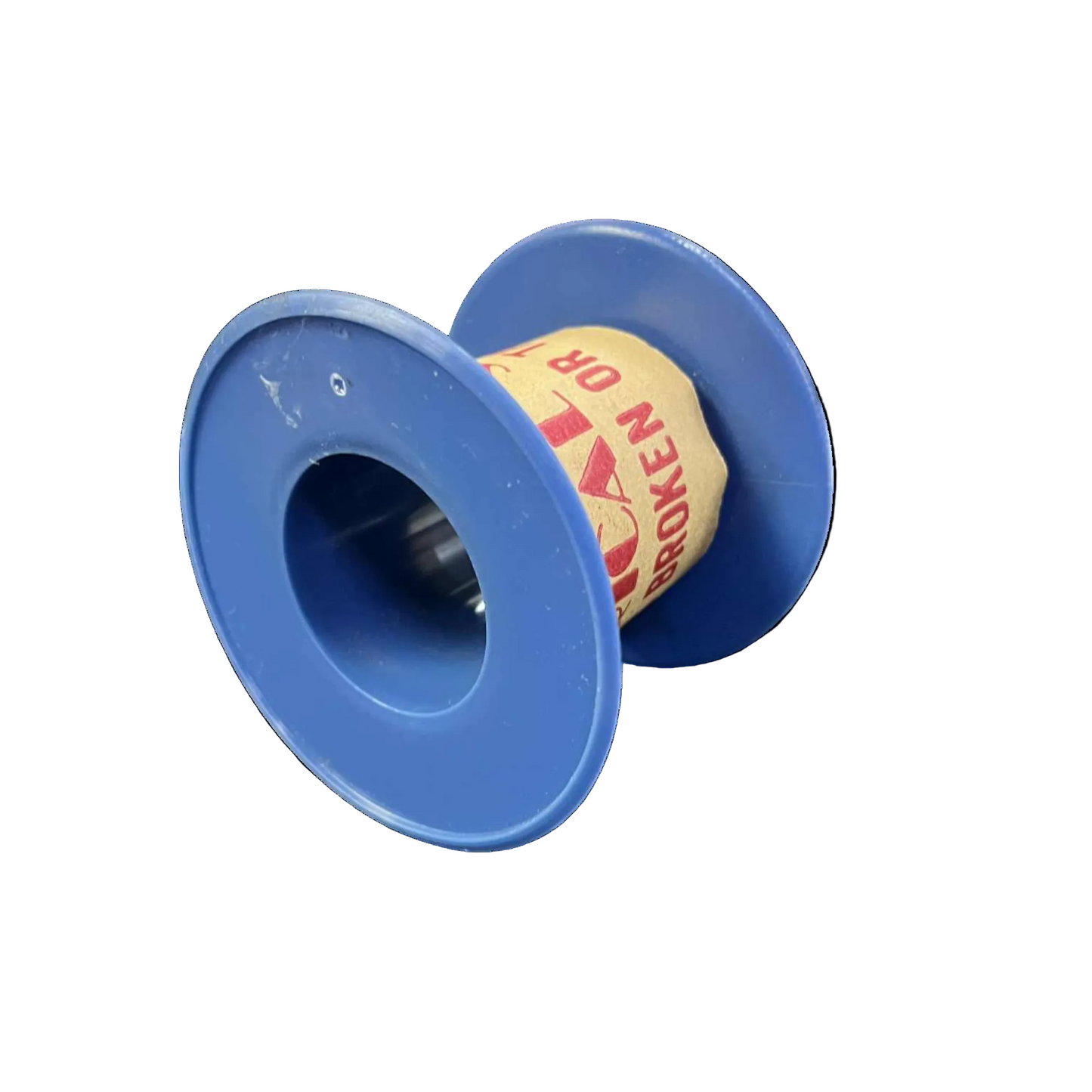 Blue plastic spool with a yellow label on a white background