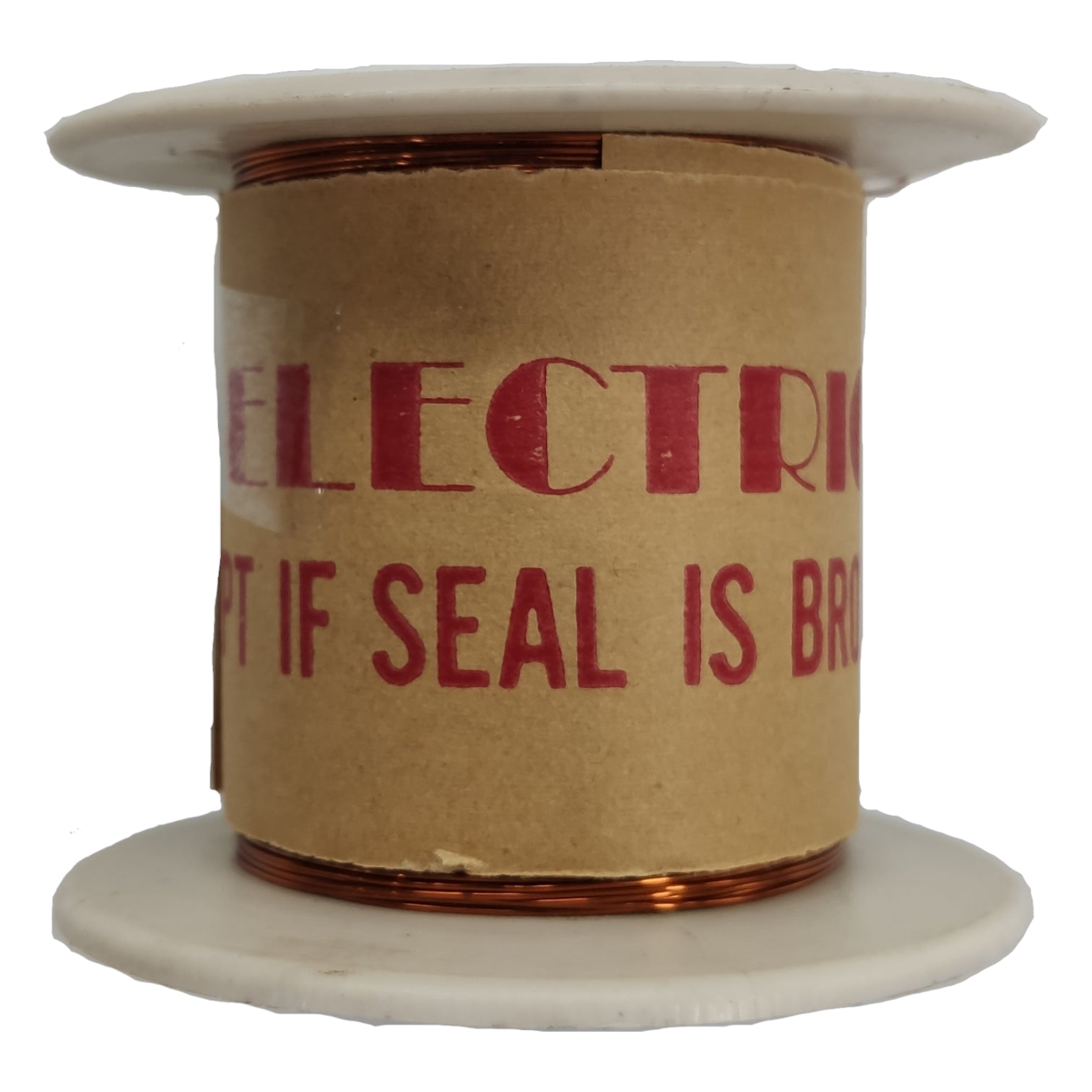 Spool of wire with a brown label on a white background