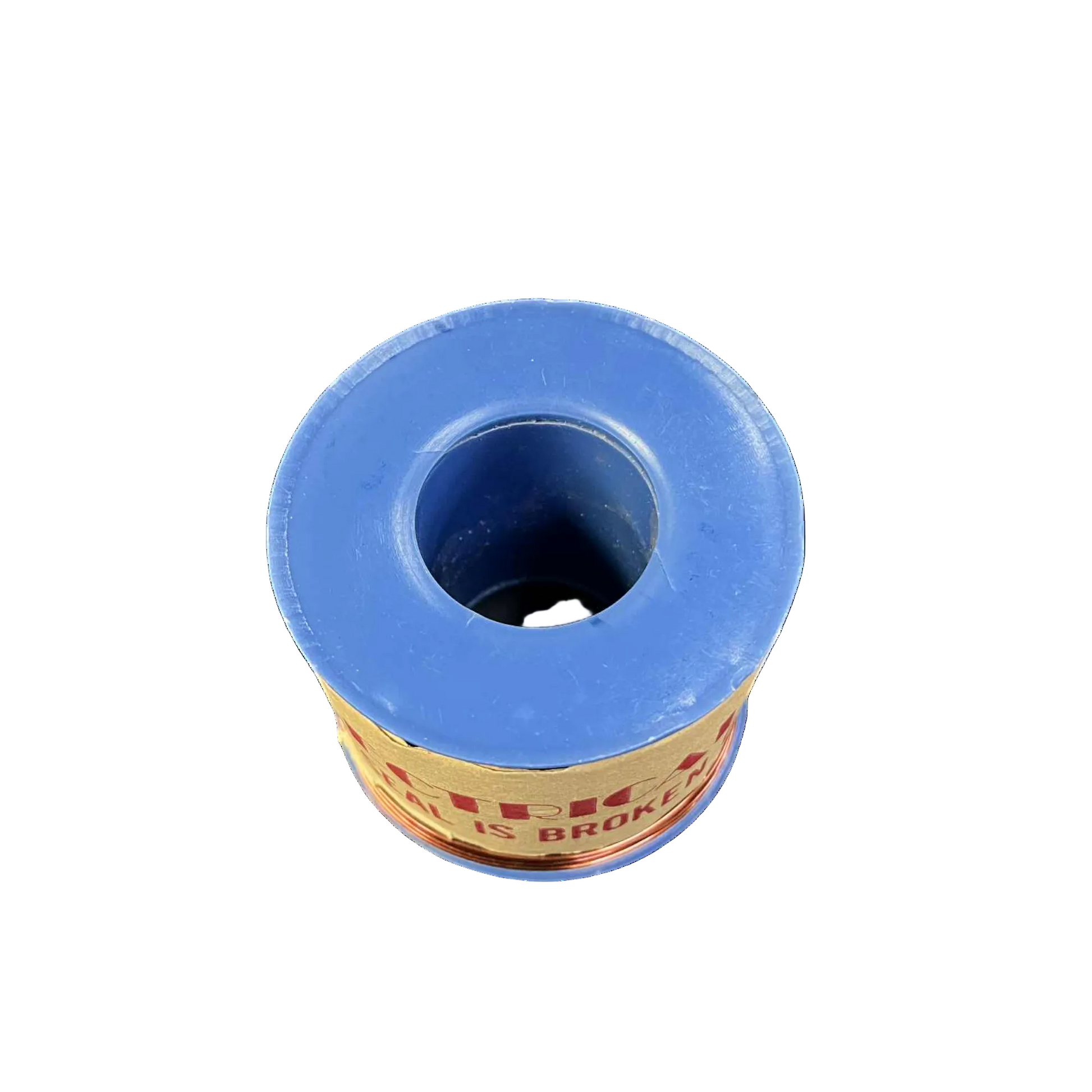 Blue spool of thread with a white background
