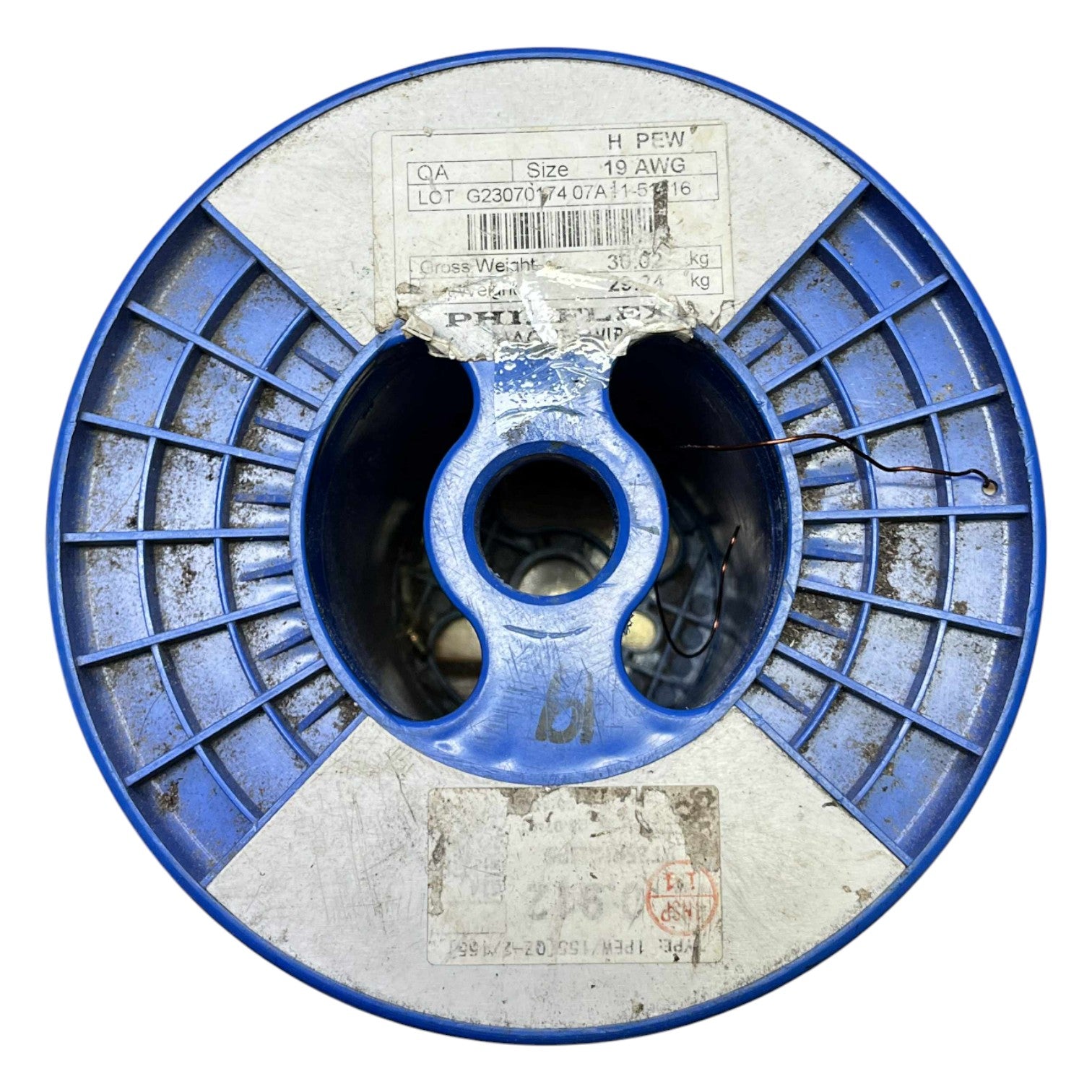 Blue wire spool with visible branding and text on a white background