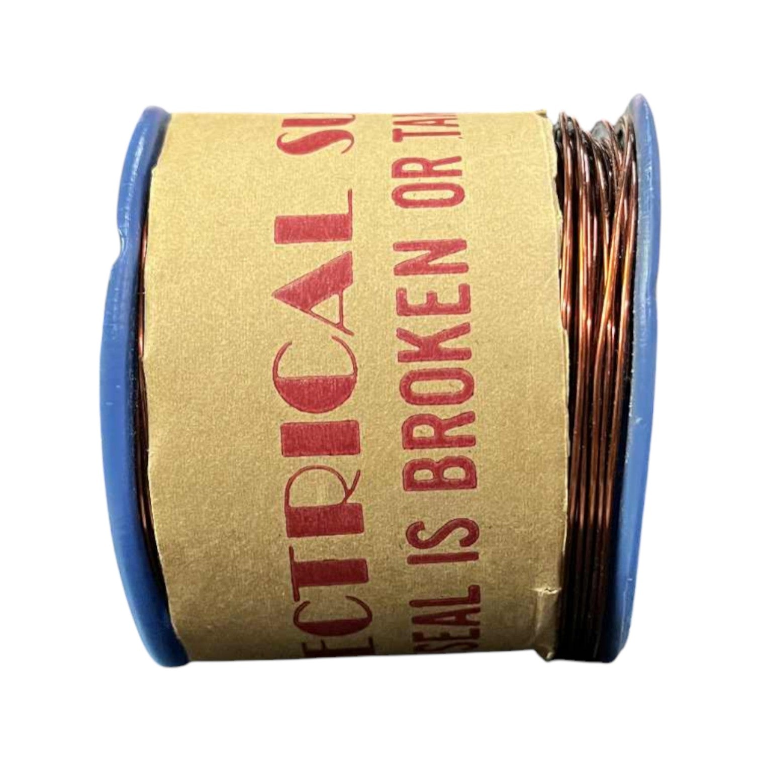 Spool of copper wire with a cardboard label on a white background