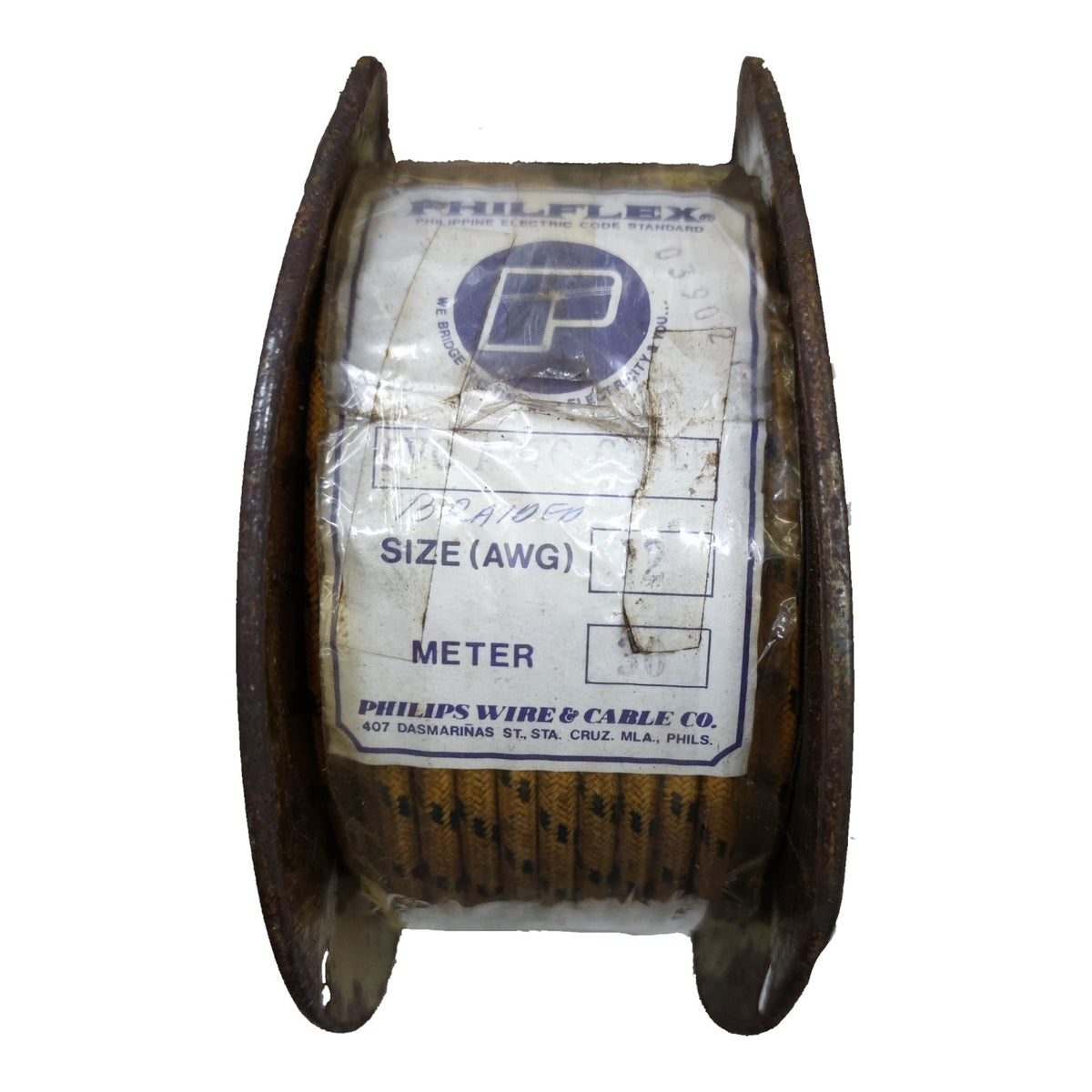 A spool of PHILFLEX wire cable, size 14 AWG, wound on a dark metal frame with a protective clear plastic wrap and a white paper label showing the PHILIPS WIRE & CABLE CO. logo.