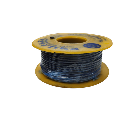 Spool of blue wire on a yellow spool with a white background