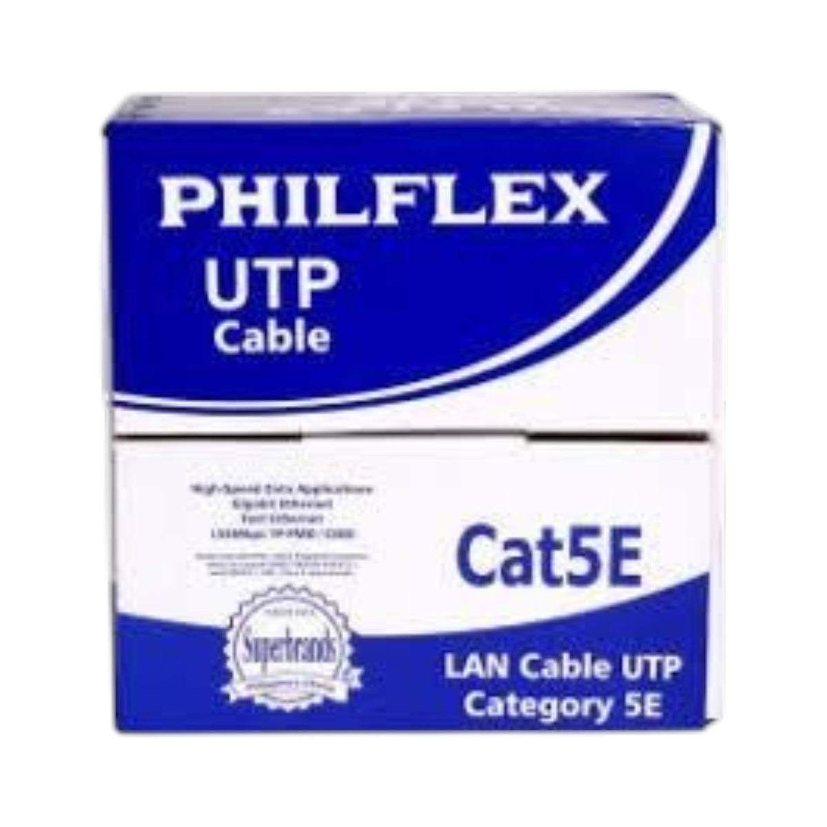 A box of Philflex Cat5E UTP LAN cable, featuring blue and white packaging with product details.