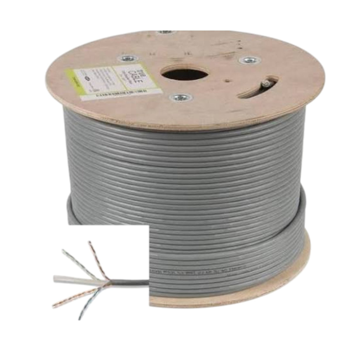 A spool of gray Ethernet cable with a wooden core, shown on a white background with a small inset detail of the multi-core wire ends.
