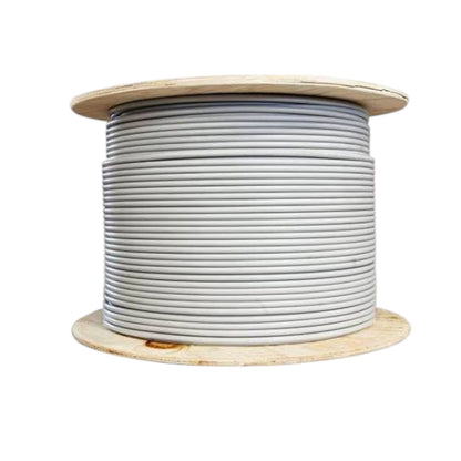 A large spool of light gray cable or wire wound on a natural wood base, isolated on a white background.