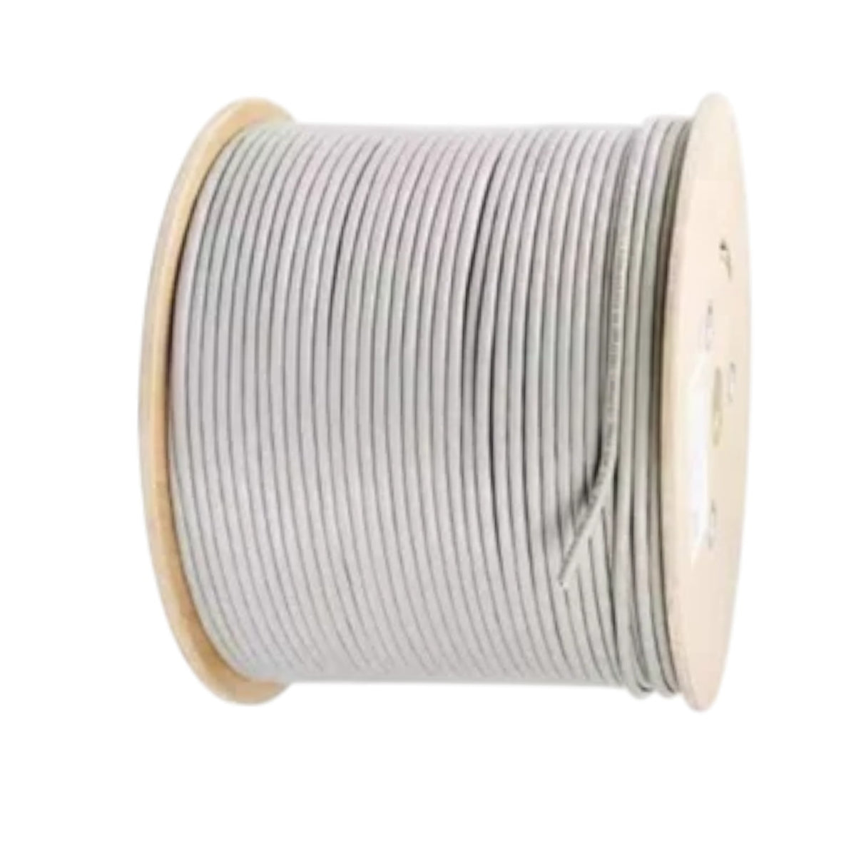 A spool of light gray elastic cord or cable wound on a natural wood spool, isolated on a white background.