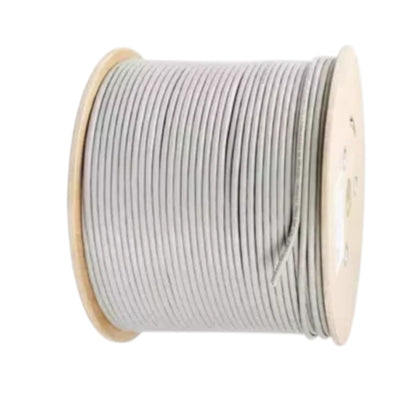 A spool of light gray elastic cord or cable wound on a natural wood spool, isolated on a white background.